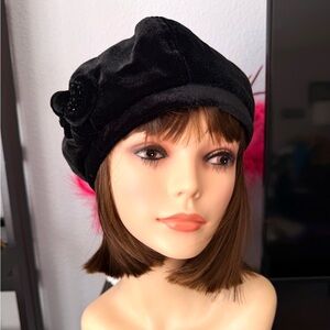 Betmar Black Velvet Hat with Floral Accent